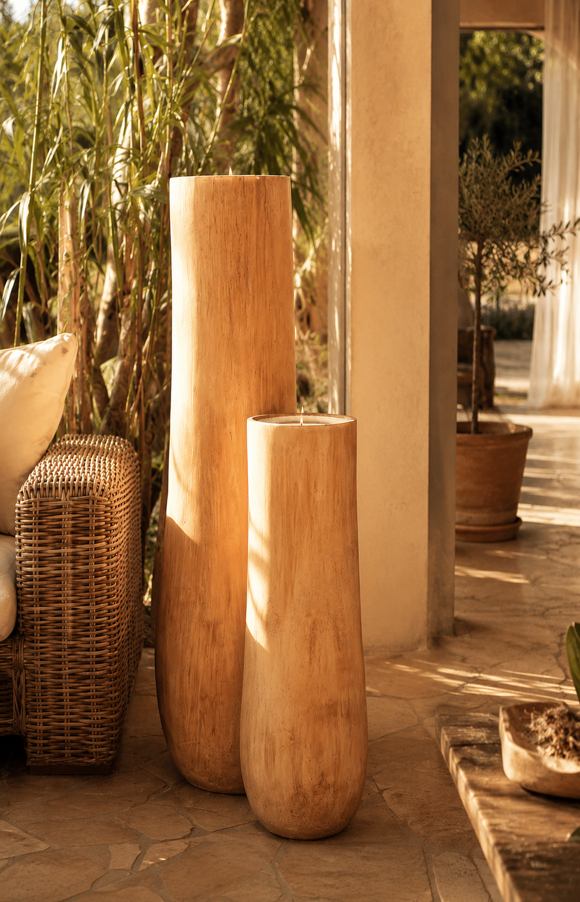 Bougies décoratives grand format mises en scène dans un patio méditerranéen.