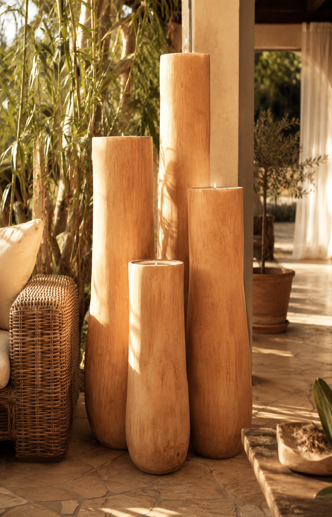 Grandes bougies en bois naturel idéales pour une terrasse, un pool house ou un espace bien-être.
