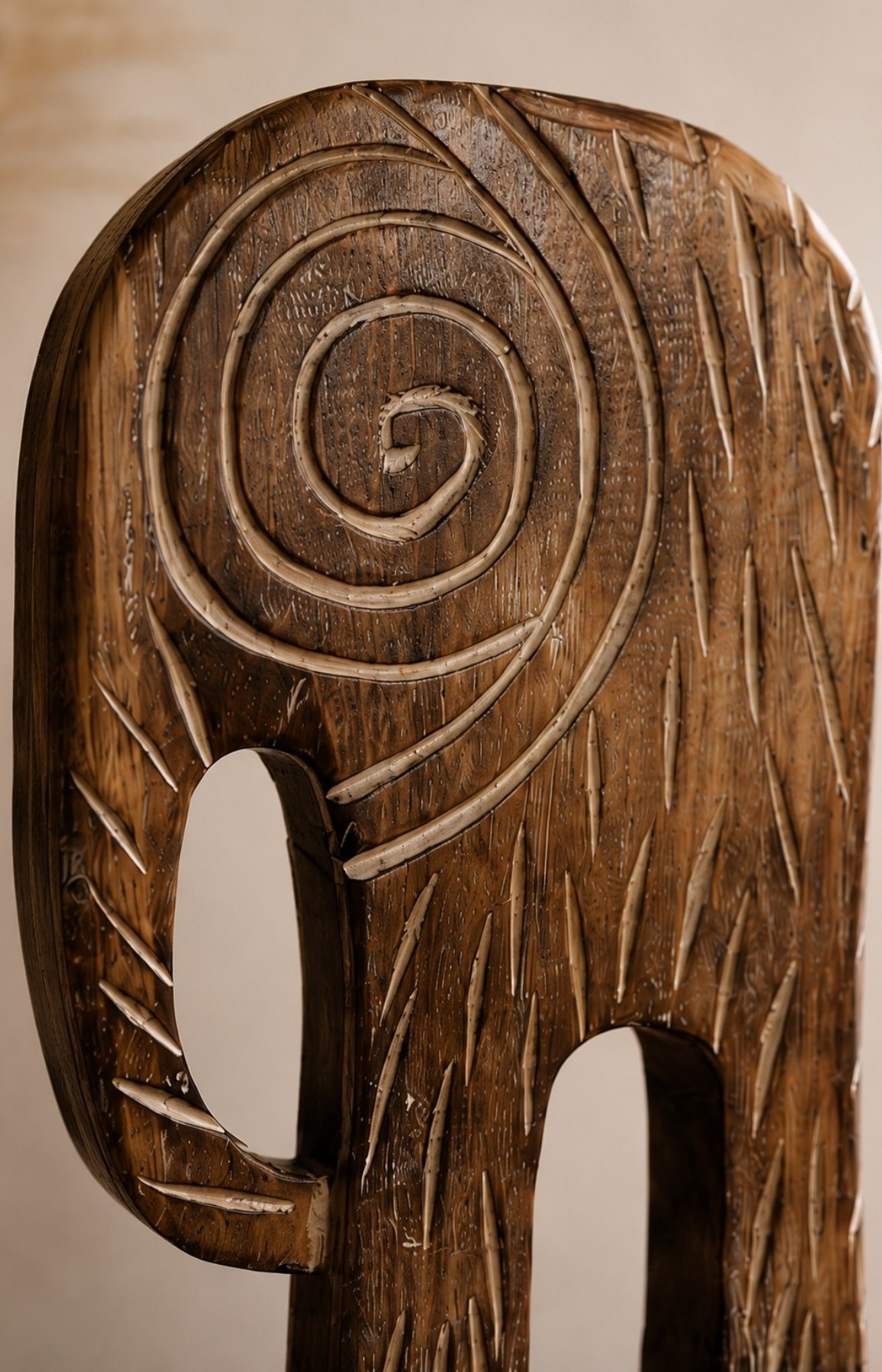 Détail sculpture et texture de l'éléphant décoratif en bois brun