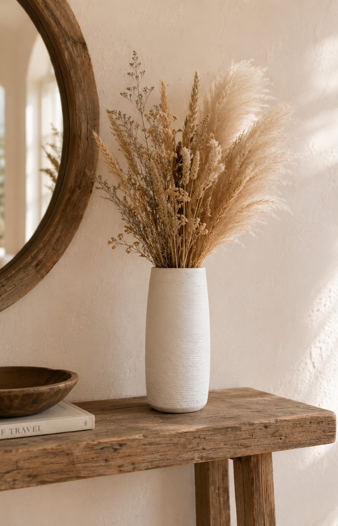 Vase blanc en terre cuite avec herbes séchées sur console en bois