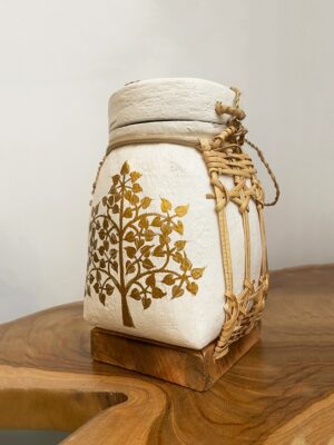 Boîte haute en bambou blanche & dorée - Arbre de vie