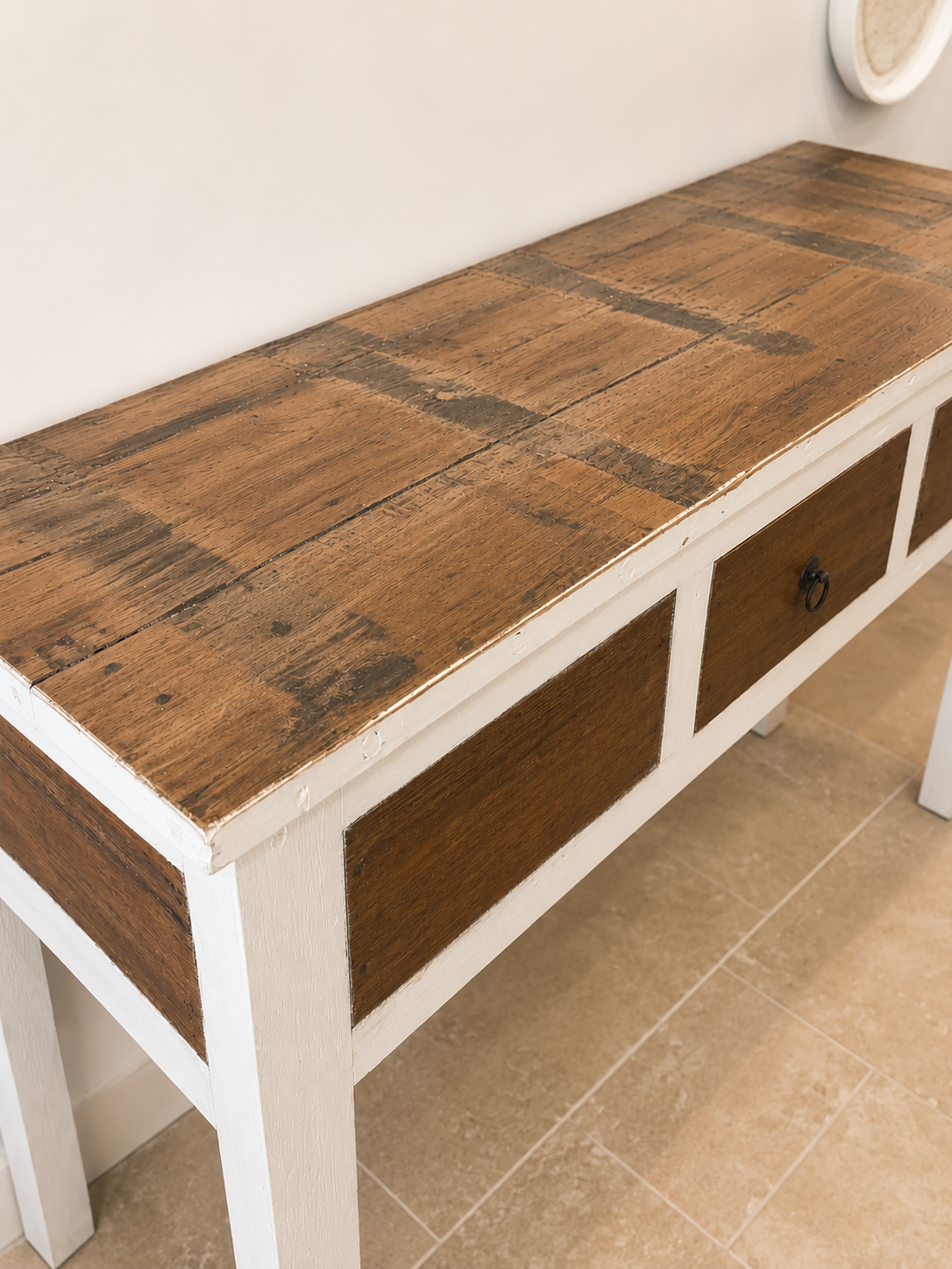 Console en teck recyclé brut et blanc 1 tiroir - 125x40xH80 cm – Image 2