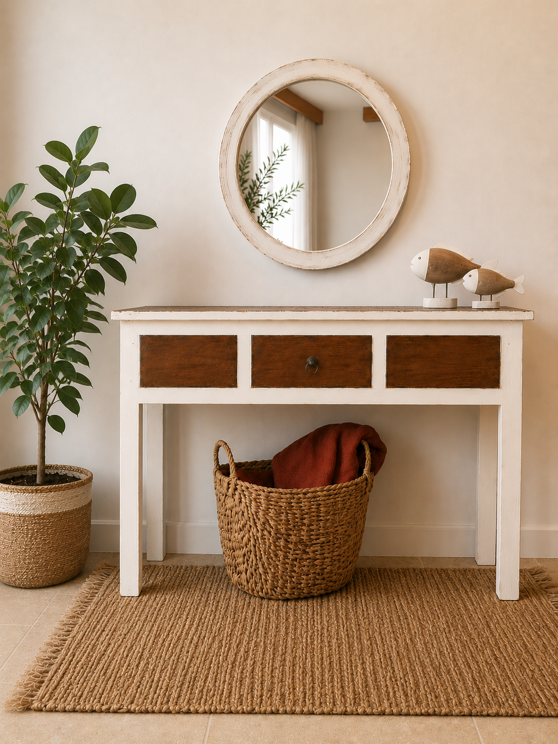 Console en teck recyclé brut et blanc 1 tiroir - 125x40xH80 cm – Image 5