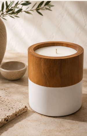 Grande bougie en teck bicolore avec finition blanche mate, présentée dans une ambiance naturelle et contemporaine.