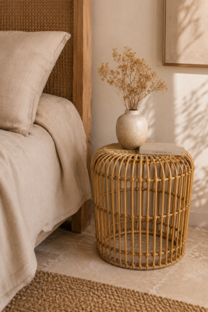 Bout de canapé en rotin naturel style bohème utilisé comme table d’appoint décorative