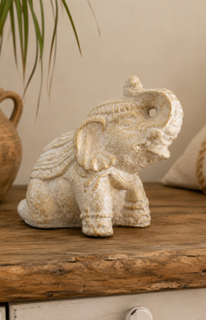 Statue éléphant blanc patiné doré en béton - H20 cm