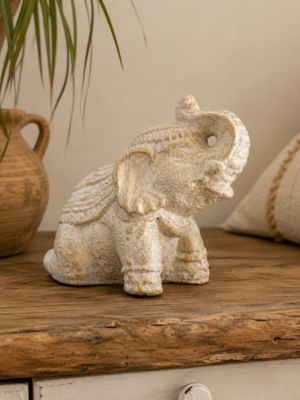 Statue éléphant blanc patiné doré en béton - H20 cm