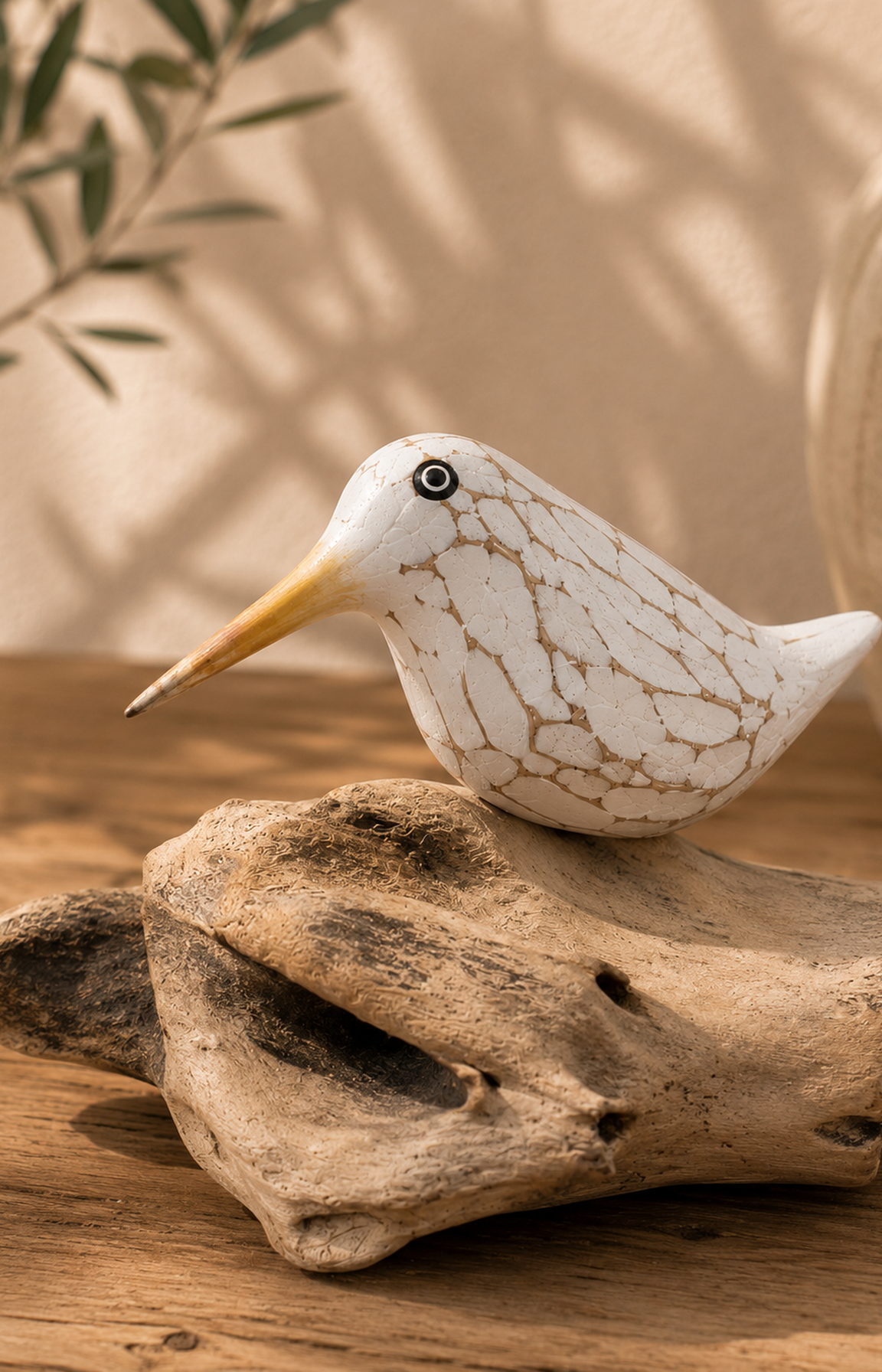 Vue trois-quarts d'un oiseau blanc en bois sur une branche de teck artisanale.
