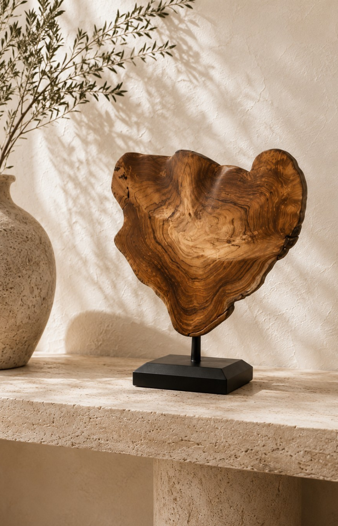 Sculpture en racine de teck sur socle noir présentée sur une console en travertin dans une ambiance bohème chic.