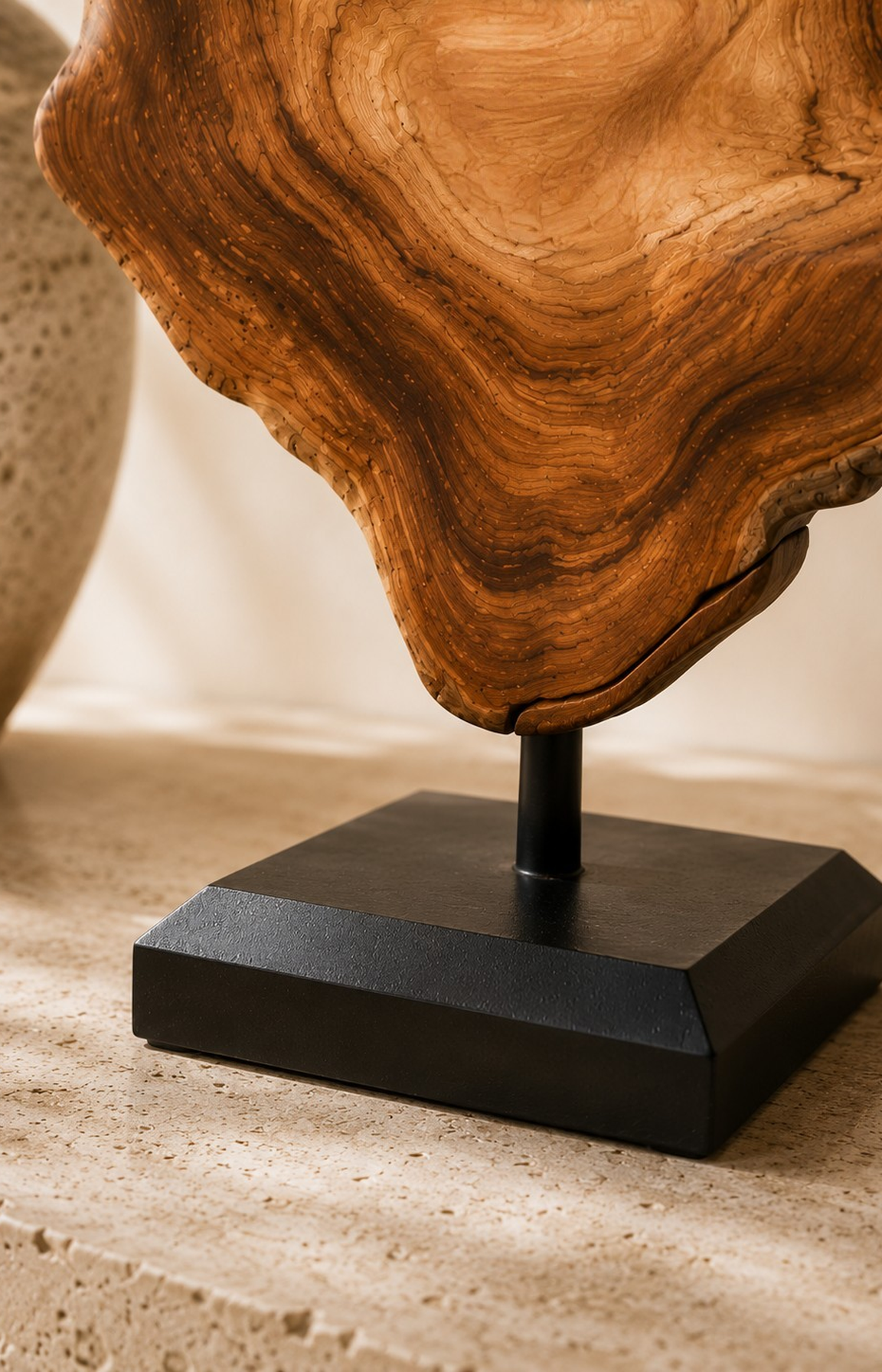 Détail du socle noir contrastant avec les nuances chaleureuses du bois.