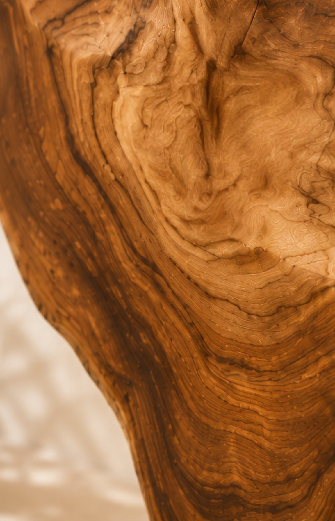 Gros plan sur les veines naturelles d'une sculpture artisanale en racine de teck.