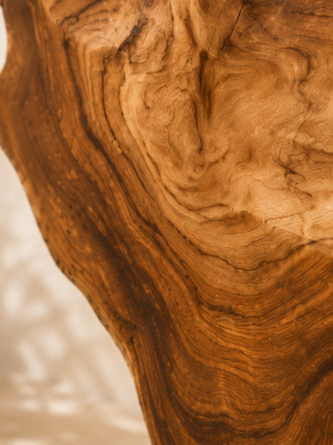 Gros plan sur les veines naturelles d'une sculpture artisanale en racine de teck.