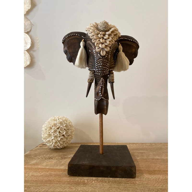 Statue d'éléphant en bois, coquillages & perles – Image 2