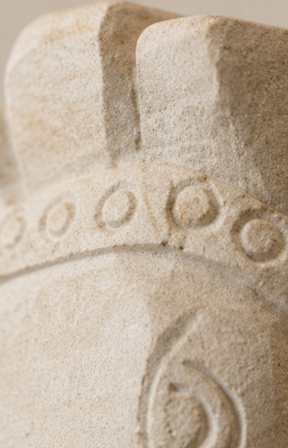 Gros plan sur les motifs sculptés et la texture de la pierre calcaire du buste de cheval antique.