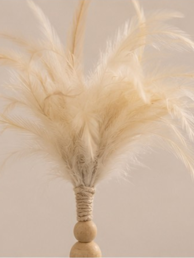 Gros plan sur les plumes et les perles en bois naturelles.