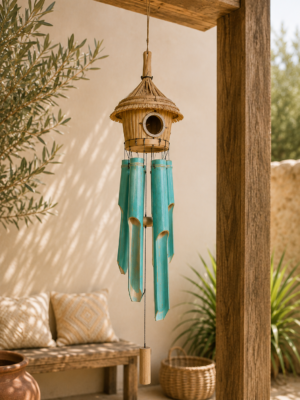 Carillon en bambou turquoise suspendu dans une ambiance bohème chaleureuse, idéal pour la décoration d'une terrasse ou d'un jardin.