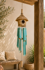 Carillon en bambou turquoise suspendu dans une ambiance bohème chaleureuse, idéal pour la décoration d'une terrasse ou d'un jardin.