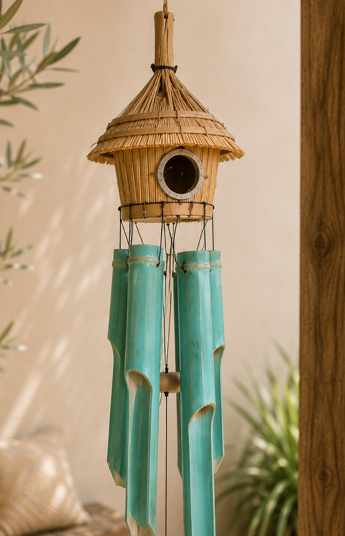 Détail du carillon en bambou turquoise avec sa structure artisanale en fibres naturelles et ses tubes vert lagon.