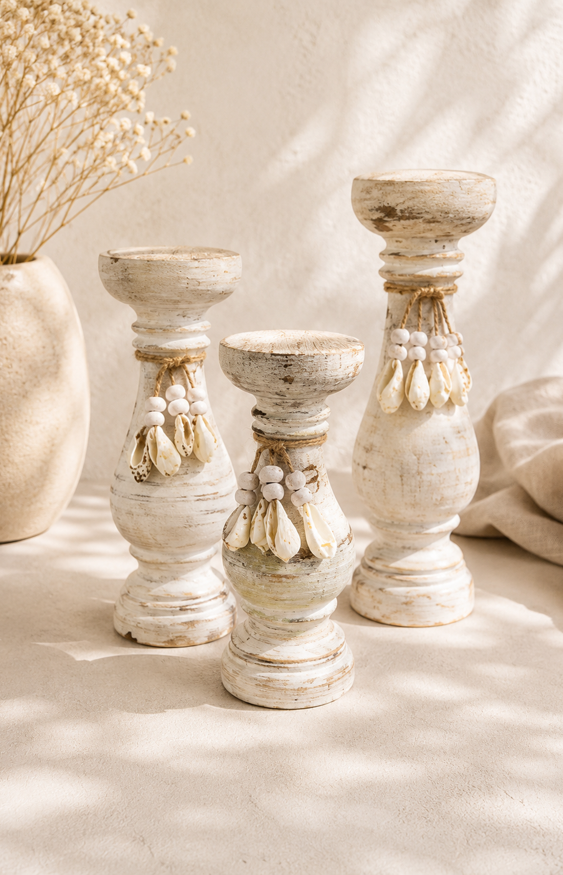 Ensemble de bougeoirs en bois blanc patiné ornés de coquillages naturels dans une décoration bohème chic aux inspirations bord de mer.