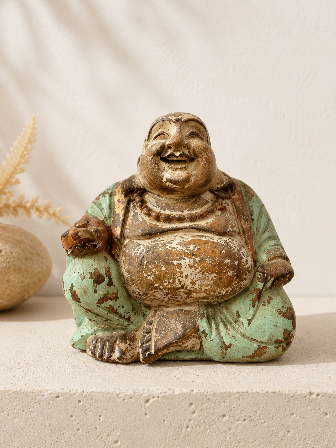 Bouddha rieur en bois massif patiné – Image 3
