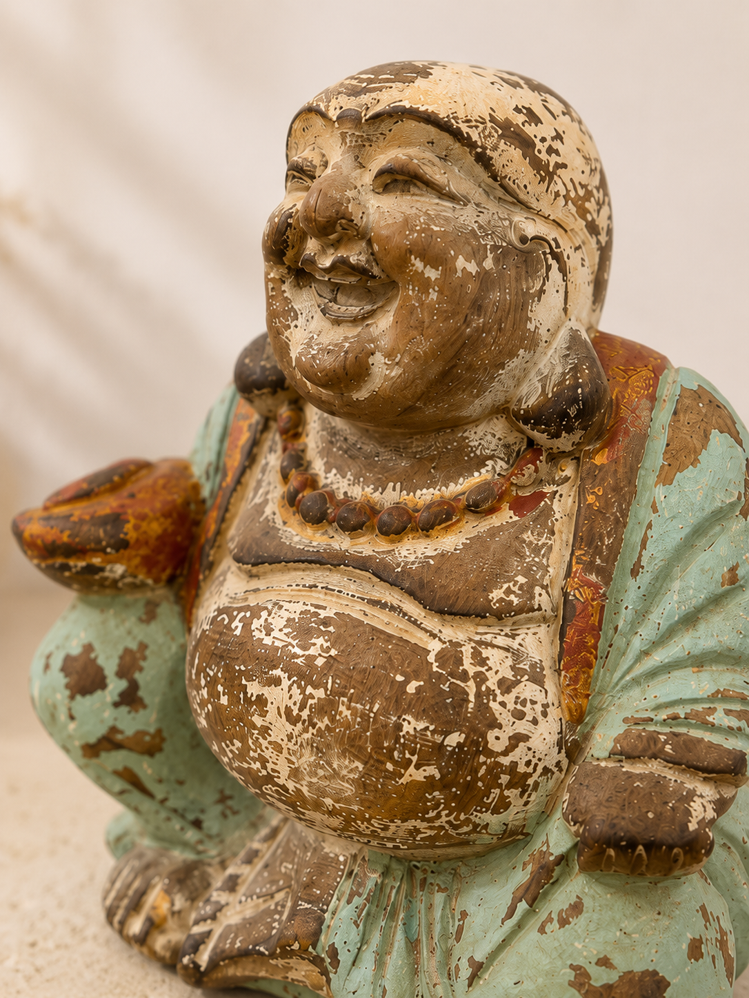 Gros plan sur le visage souriant du Bouddha rieur.