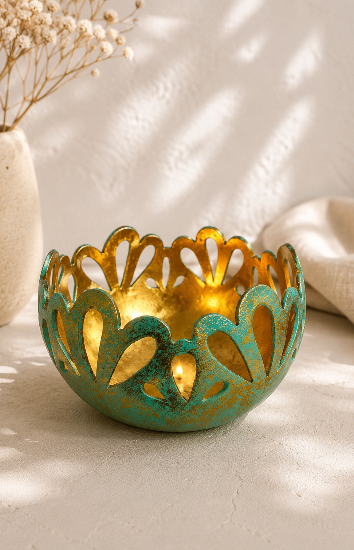 Photophore rond en noix de coco turquoise et doré dans une ambiance douce et contemporaine.