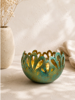 Photophore noix de coco sculptée turquoise et doré