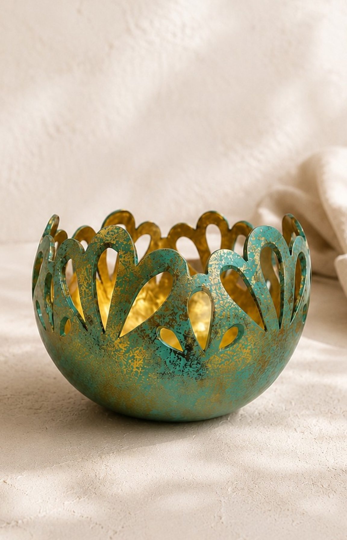 Photophore noix de coco sculptée turquoise et doré – Image 4