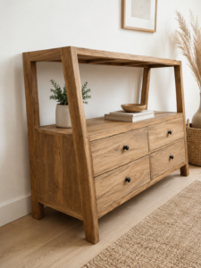 Console asymétrique en teck recyclé naturel style scandinave avec tiroirs