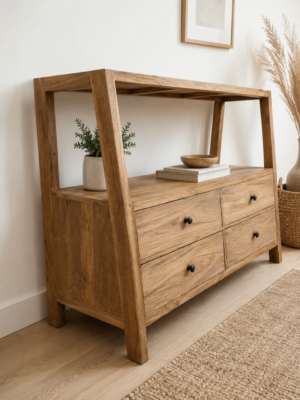 Console asymétrique en teck recyclé naturel style scandinave avec tiroirs