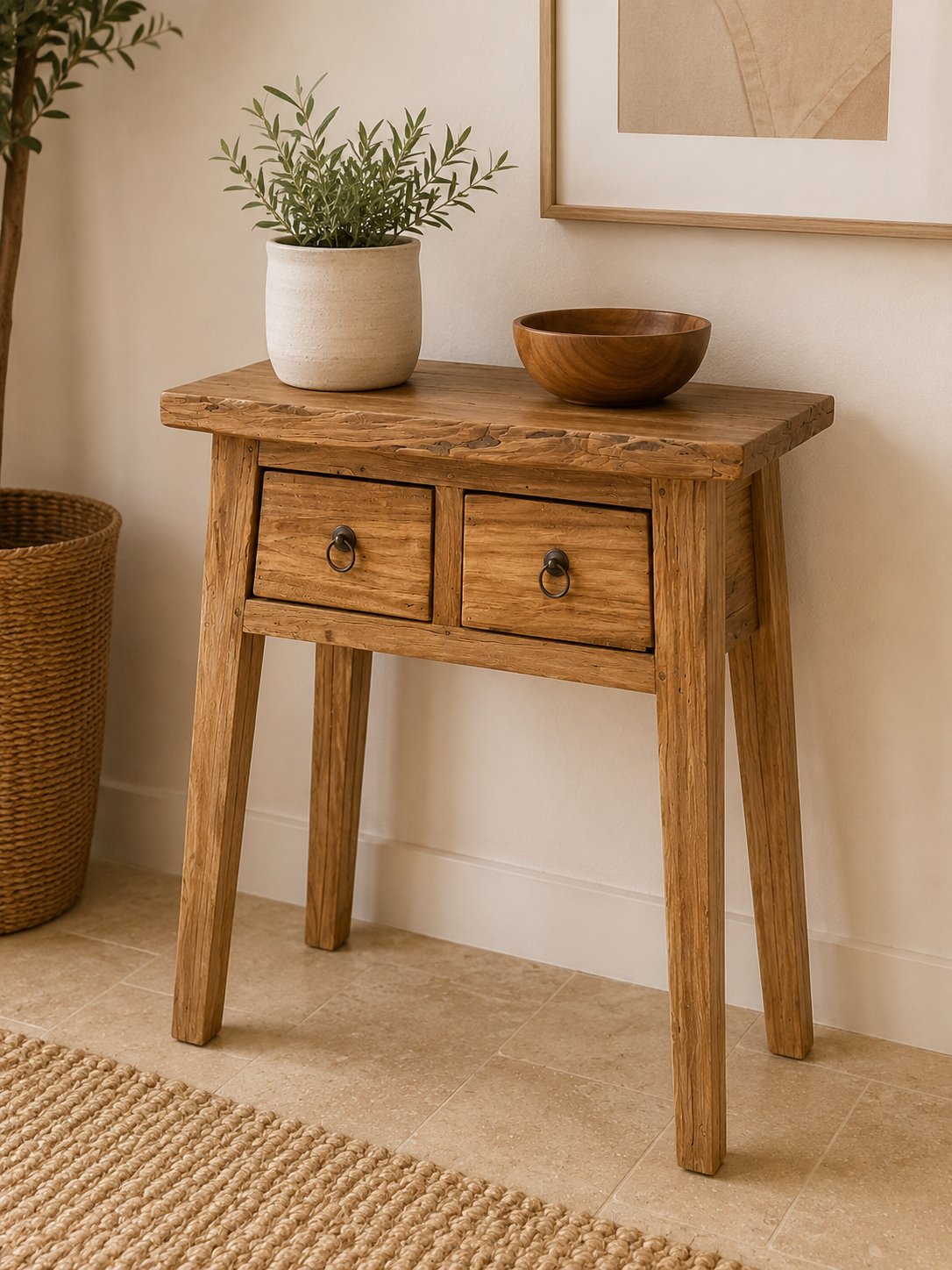 Petit meuble 2 tiroirs en teck recyclé naturel – 60x35xH75 cm – Image 3