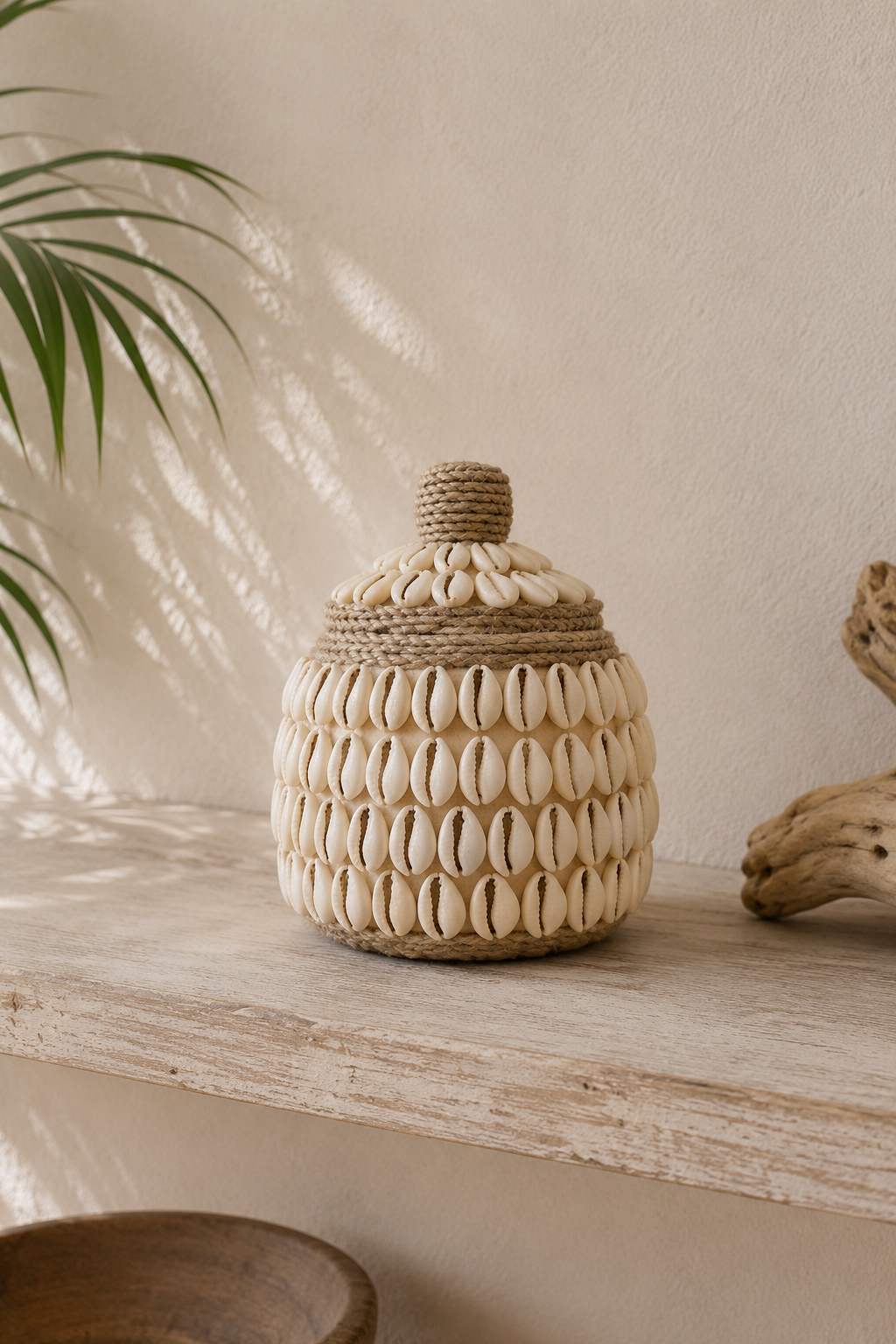 Boîte en bois décorative coquillages cauris et corde naturelle style bohème