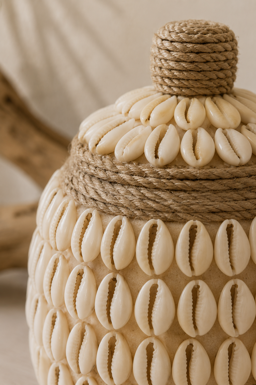 Détail coquillages cauris et corde naturelle sur boîte décorative en bois