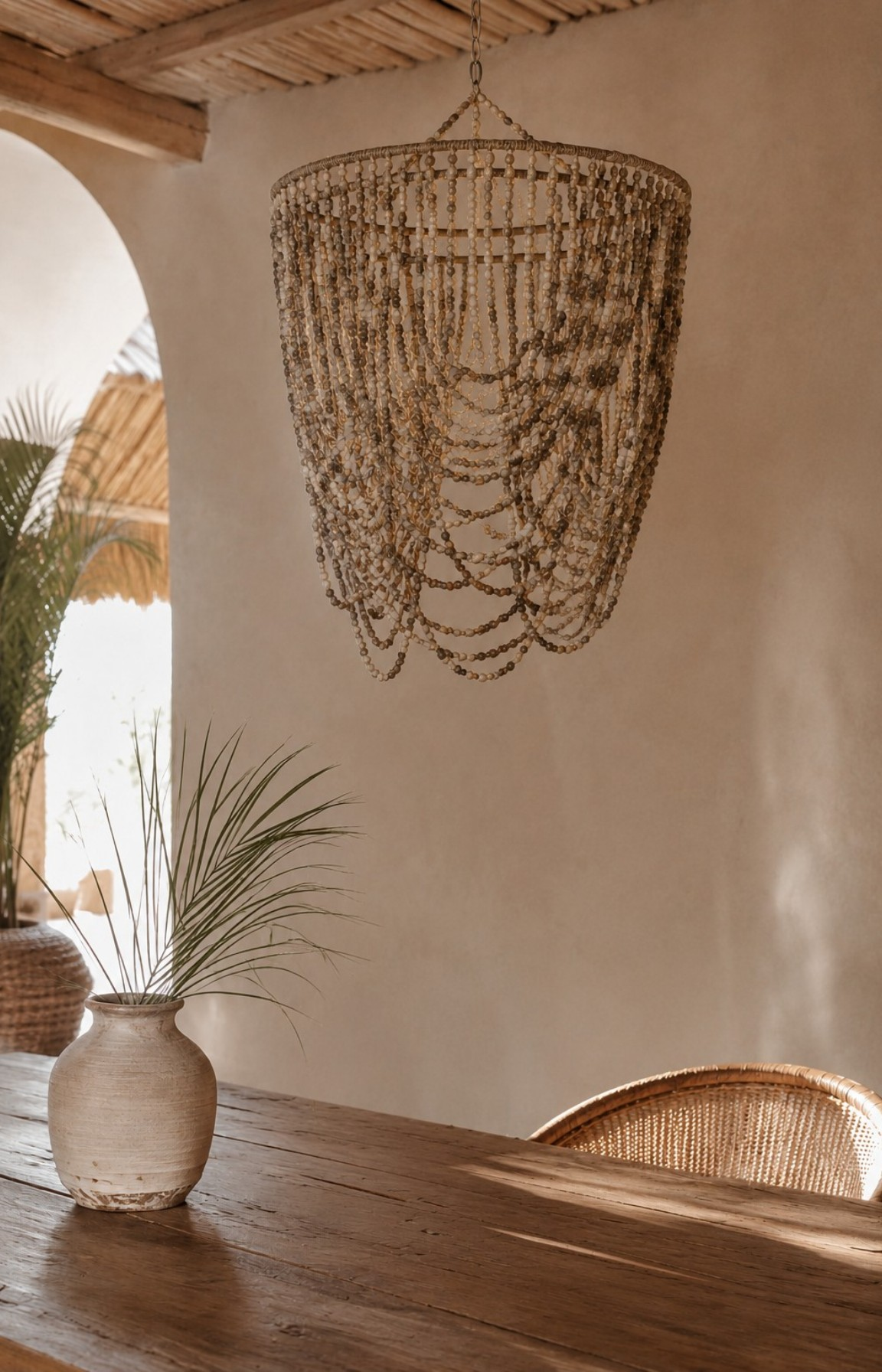 Lustre coquillages naturels suspendu dans une salle à manger bohème aux tons naturels