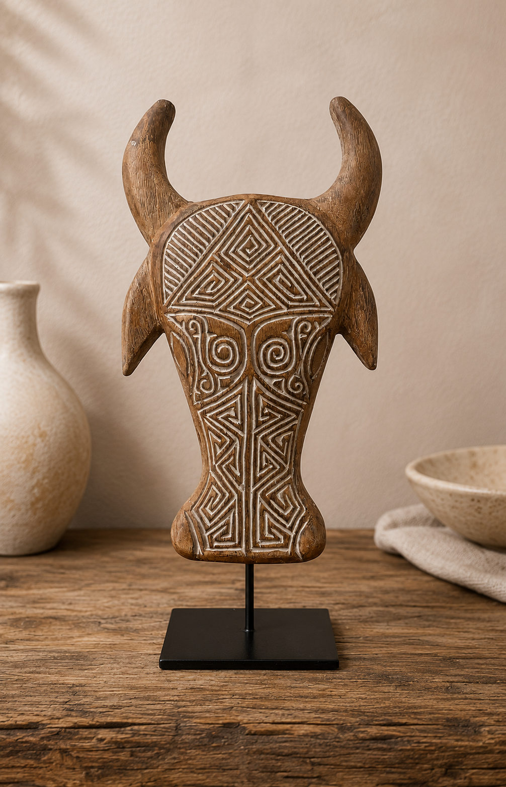 décoration ethnique tete de buffle en bois
