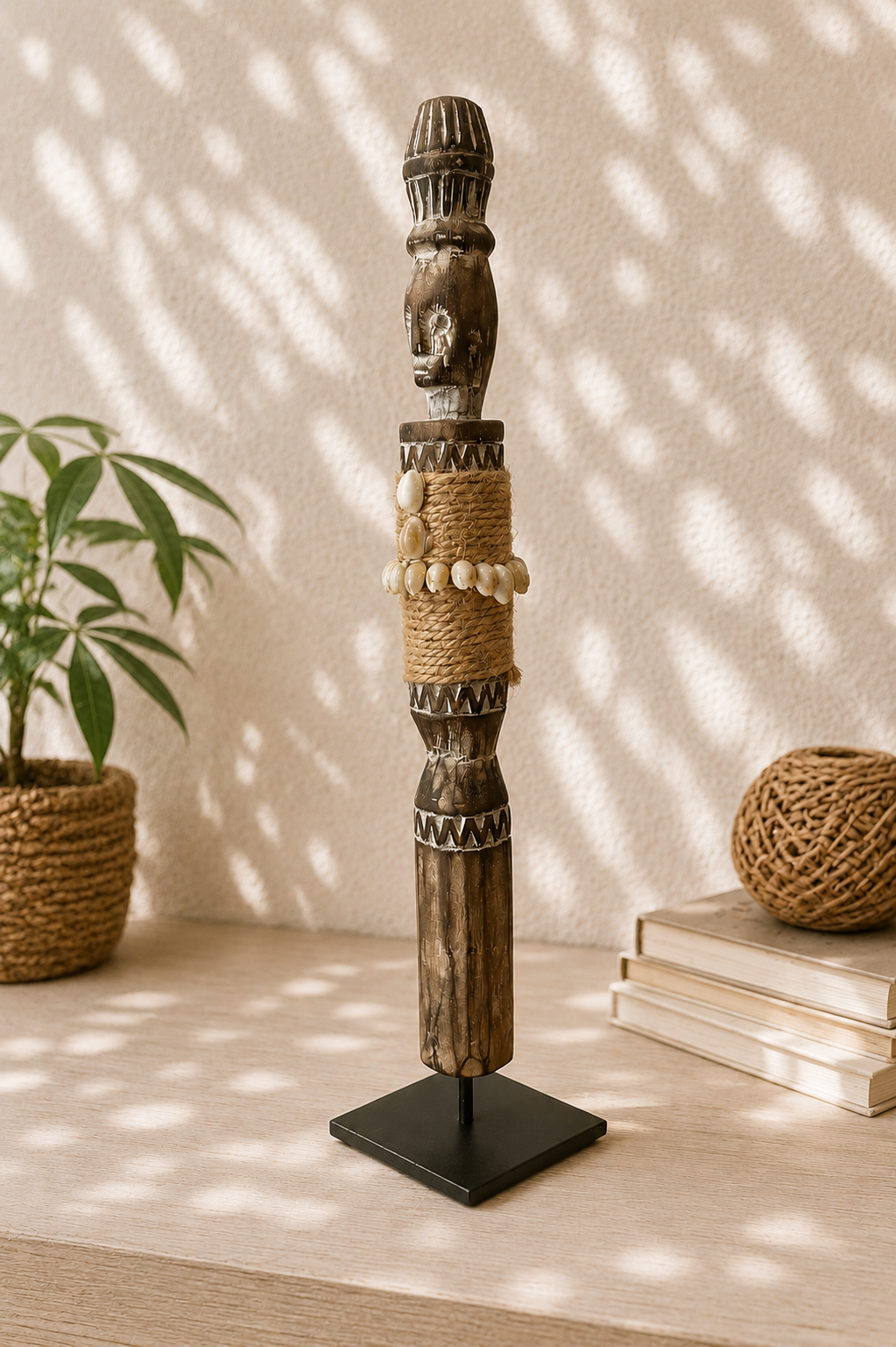 Statuette ethnique en bois avec corde naturelle et coquillages sur support noir