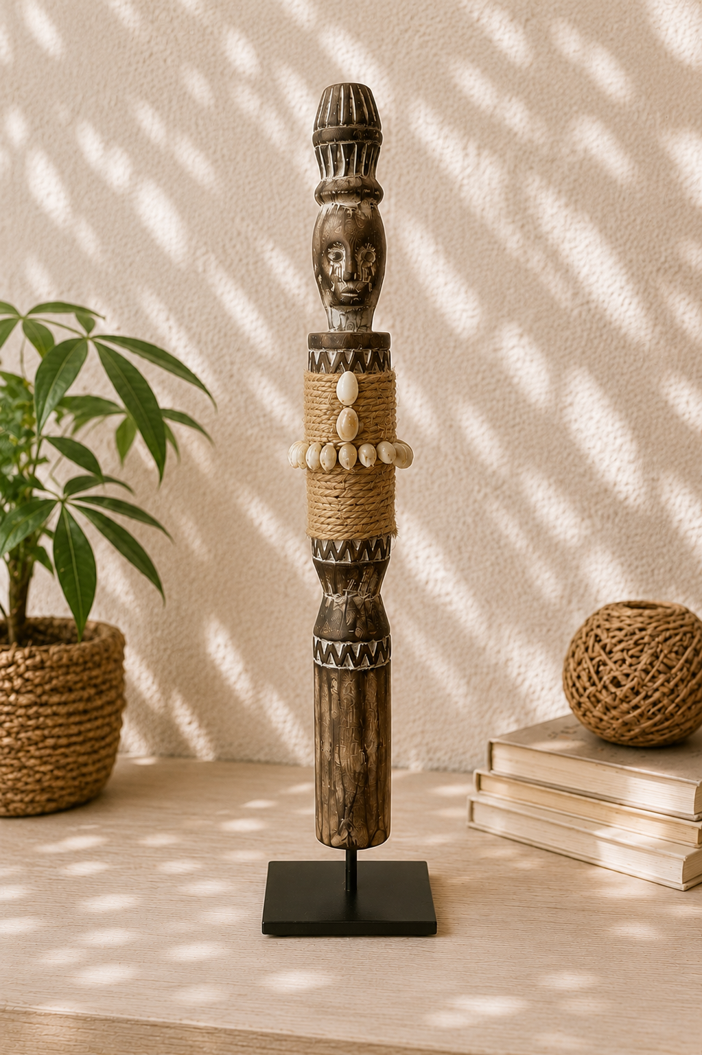 Statuette ethnique en bois artisanale décorée de coquillages et corde naturelle