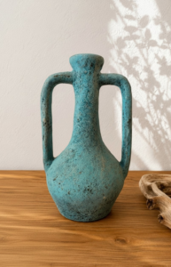 Vase en terre cuite turquoise à deux anses décoratives sur table en bois style méditerranéen