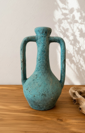 Vase en terre cuite turquoise à deux anses décoratives sur table en bois style méditerranéen