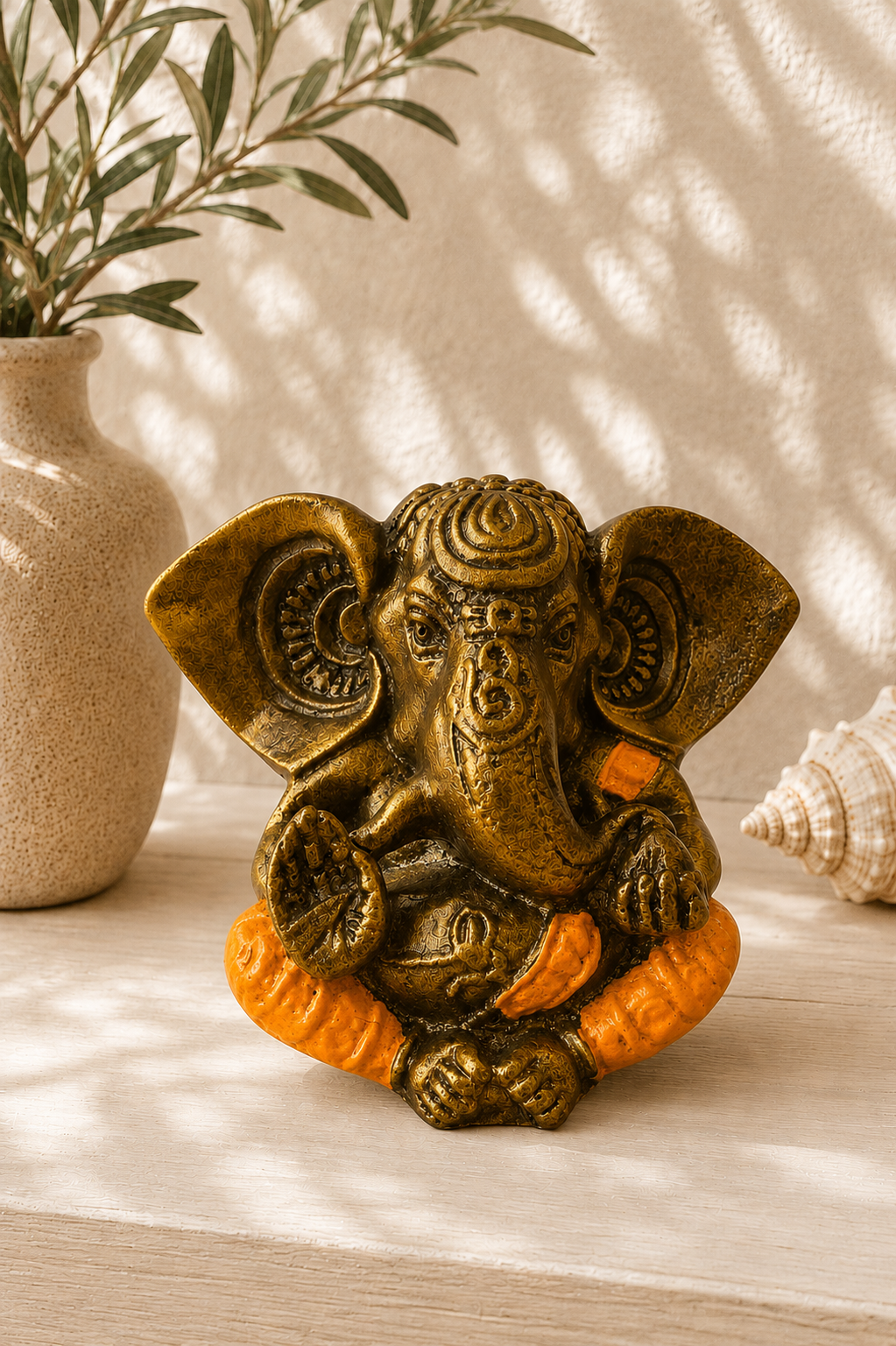 Statue Ganesh en résine orange et dorée dans une décoration bohème lumineuse