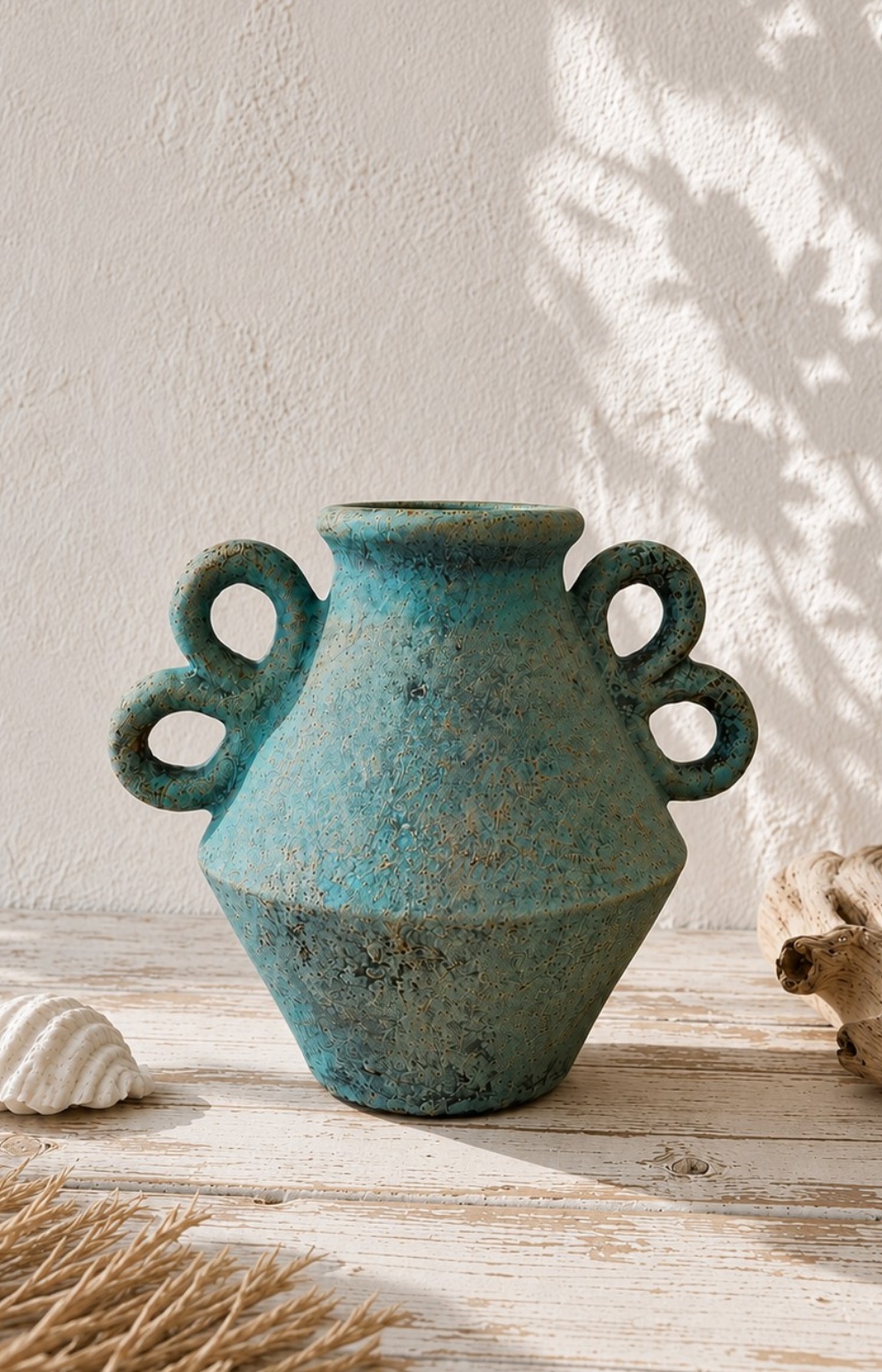 Vase en terre cuite turquoise à anses décoratives, finition texturée artisanale, décoration méditerranéenne