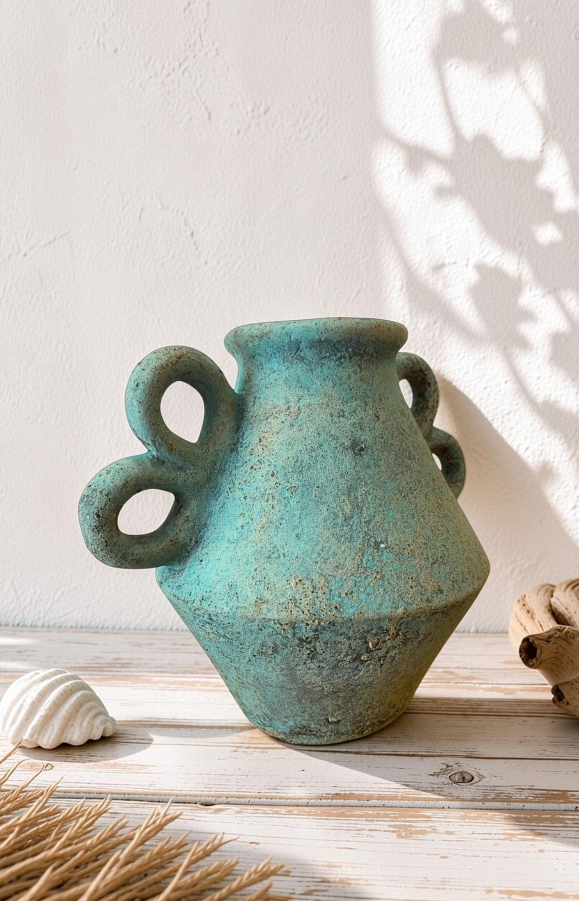 Vase décoratif en terre cuite turquoise avec doubles anses, style bord de mer et ambiance bohème