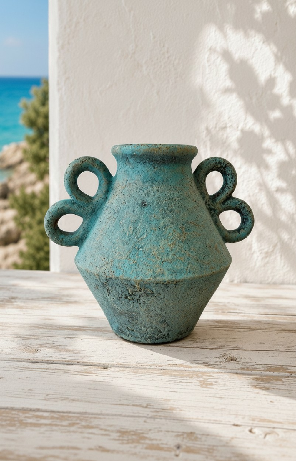 Vase turquoise artisanal en terre cuite posé sur table en bois blanchi, décoration méditerranéenne