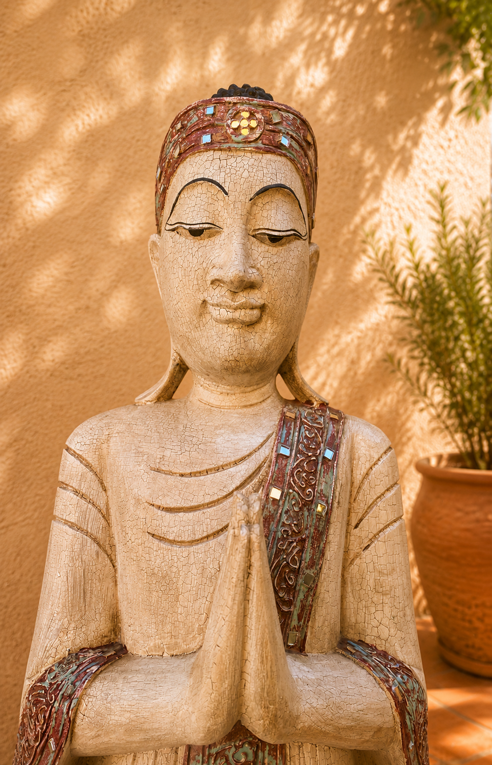 Bouddha thaïlandais en bois patiné crème H 147 cm – Image 3