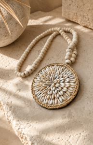 Médaillon décoratif rond en coquillages cauris, perles de bois et corde, posé sur pierre naturelle