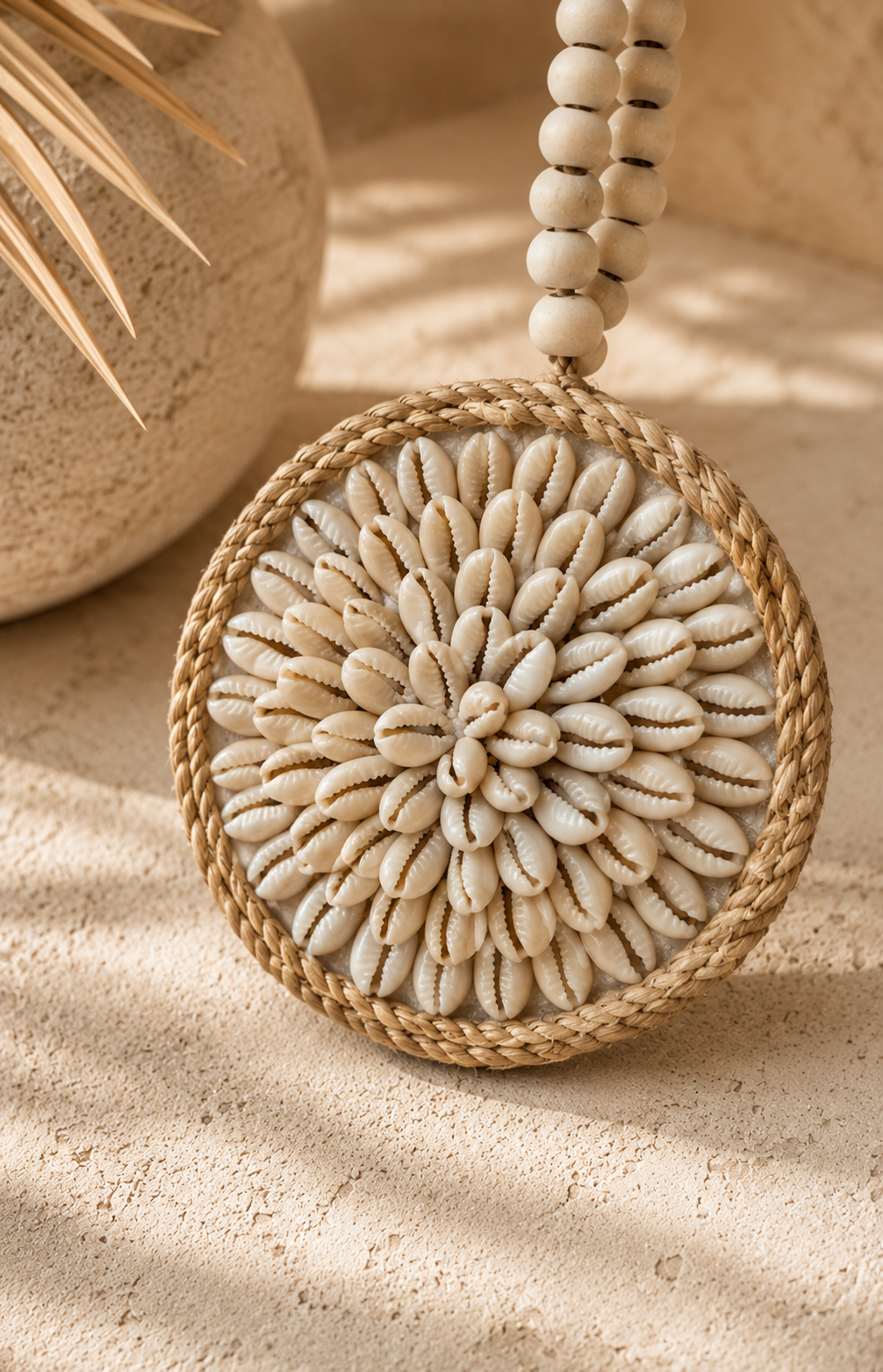 Détail d’un médaillon rond en coquillages cauris avec bordure en corde tressée
