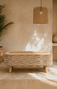 Banquette en fibre végétale tressée avec piètement en teck dans une chambre bohème