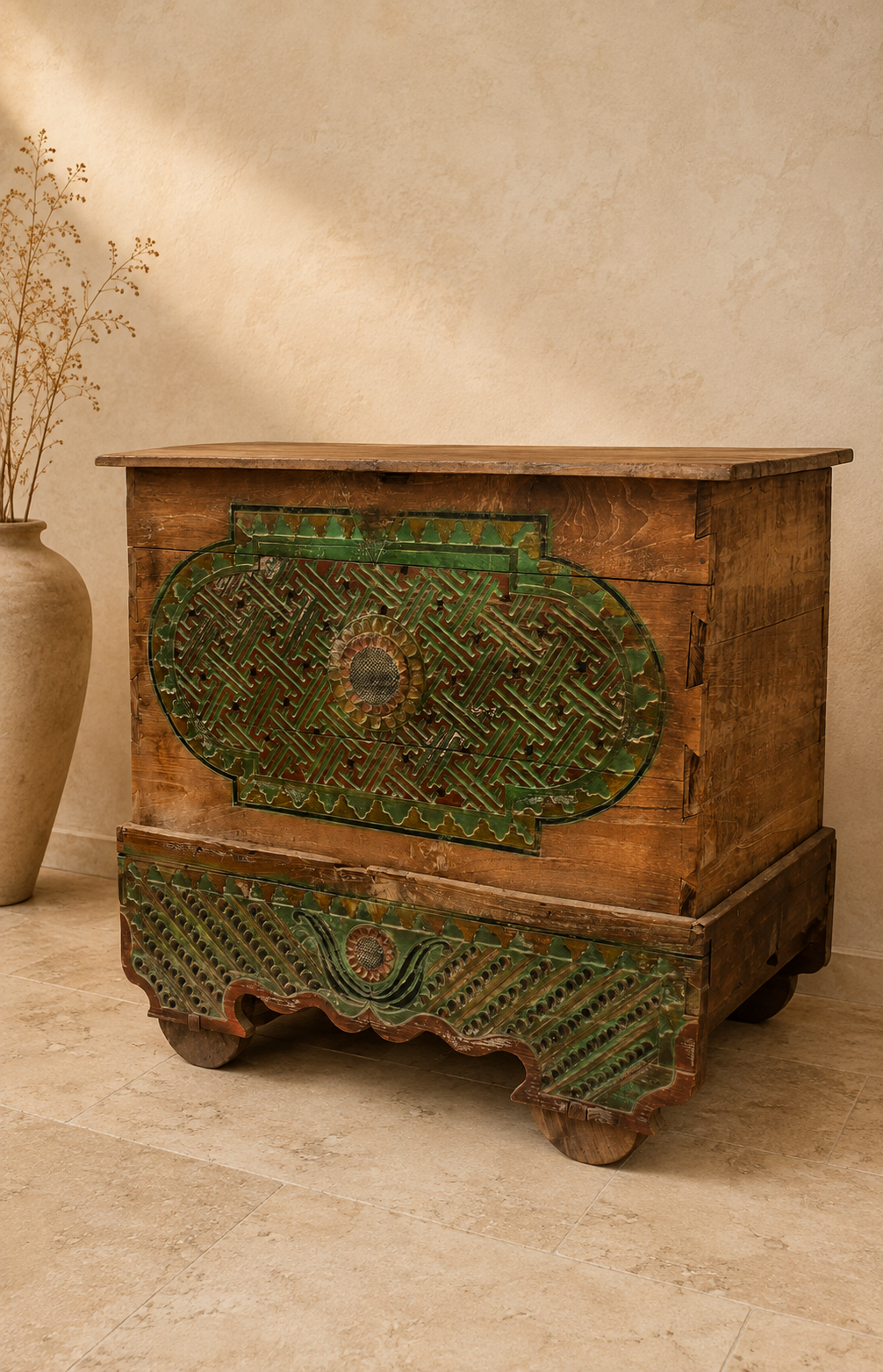 Coffre ancien en bois sculpté, vue de trois-quarts avec motifs verts patinés