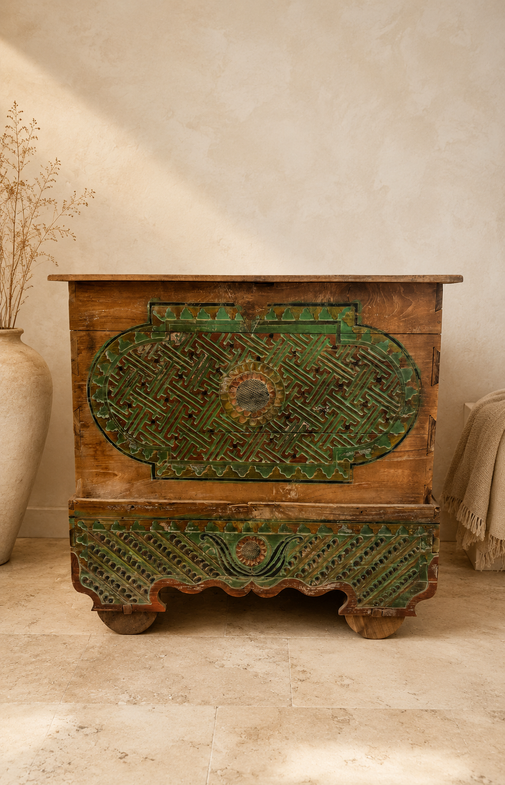 Grand coffre ancien en bois sculpté avec roulettes en bois, présenté dans une ambiance bohème naturelle