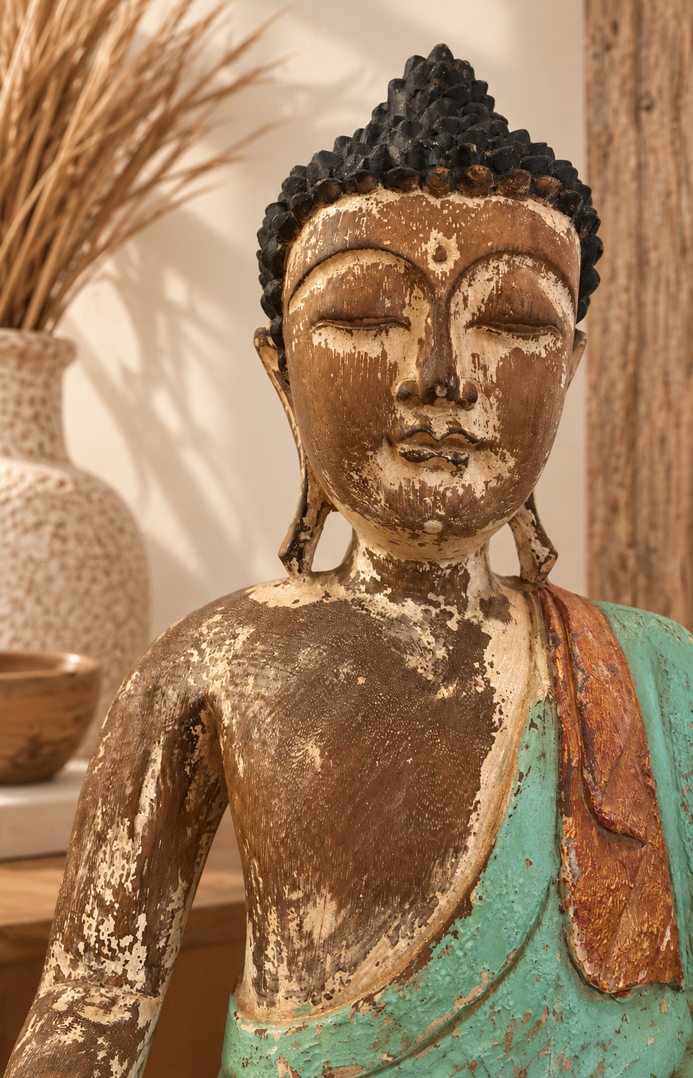Gros plan sur le visage d’un Bouddha en bois patiné aux yeux fermés